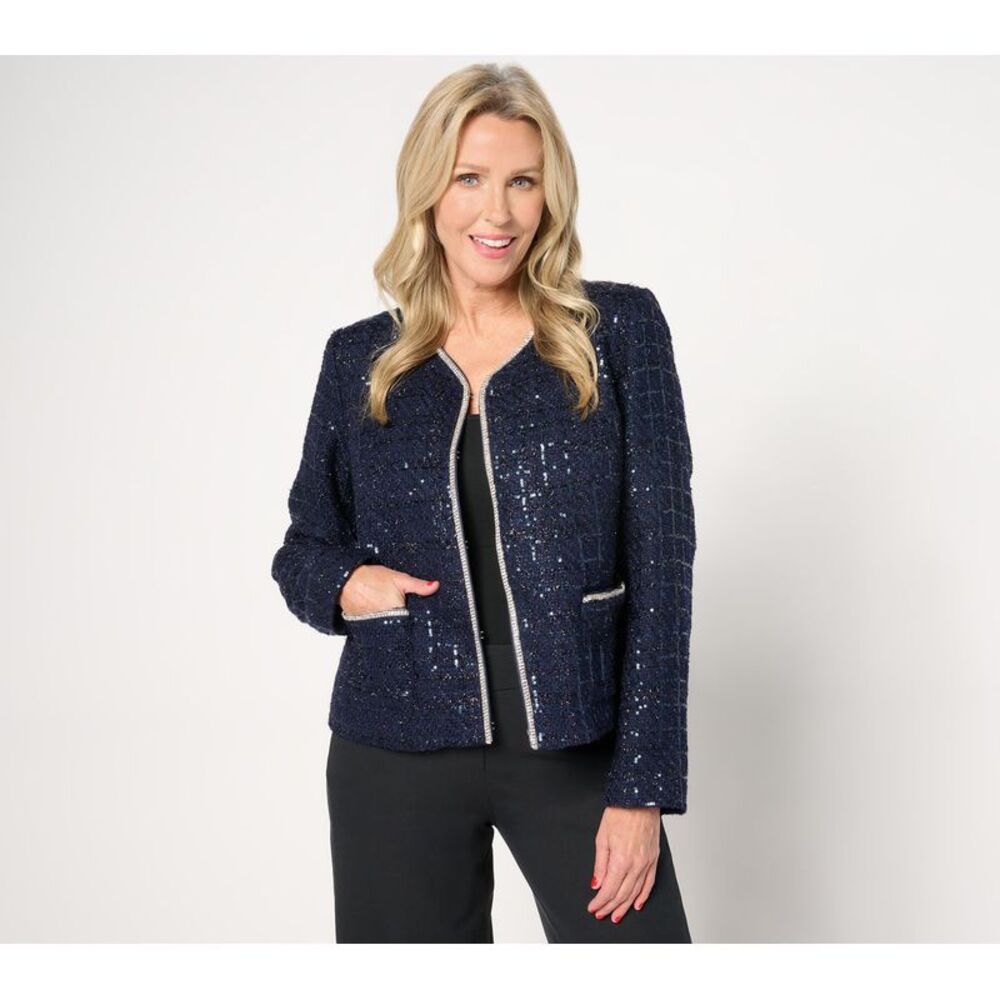SUNNYLiFE Women's Jacket Sz L Always Isaac Plaid Sequin Tweed Blue A690546